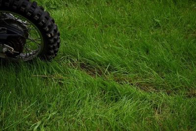 Close-up of tire track on grass