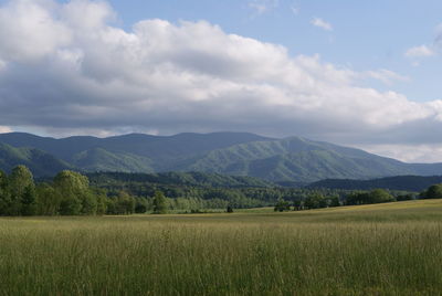 Scenic view of field by mountains against cloudy sky