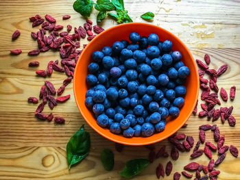 High angle view of fruits in bowl on table