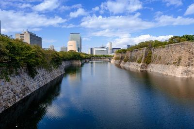 View of buildings by river against cloudy sky