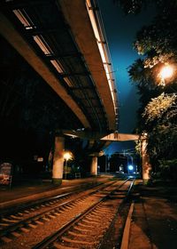 Railroad tracks in city at night