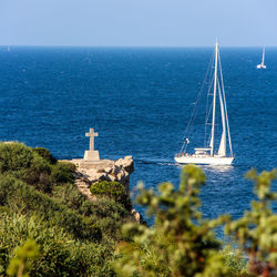 Sailboat sailing in blue sea on sunny day