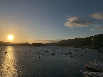 High angle view of sea against sky during sunset