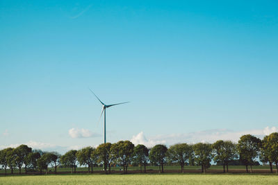 Oilseed rape field with wind turbine against clear sky