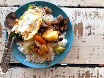 High angle view of breakfast served on table