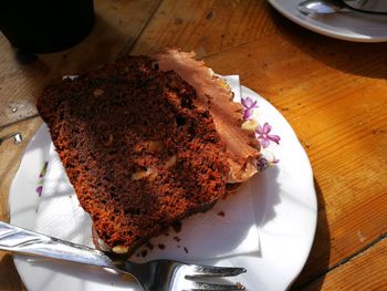 High angle view of cake in plate on table