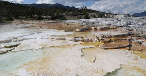 Scenic view of river by mountains against sky