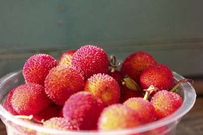 Close-up of strawberries in bowl on table