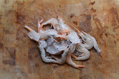 High angle view of fresh frozen shrimps on table