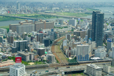 High angle view of buildings in city