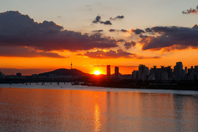 Scenic view of buildings against sky during sunset