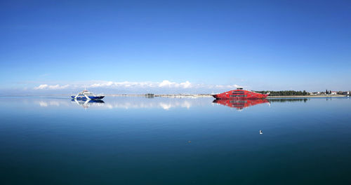 Scenic view of sea against clear blue sky