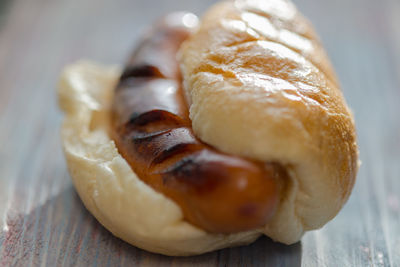 Close-up of hot dog on table