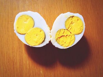 Close-up high angle view of boiled egg slices