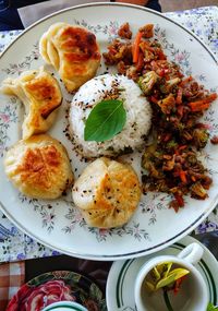 High angle view of food served on table