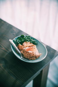 High angle view of food in plate on table