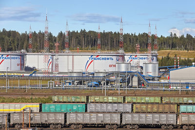 Train on railroad track against sky