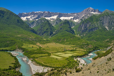 Vjosa river bend near the town of kanikol along the panoramic road to or from korca