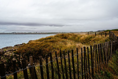 Panoramic shot of wooden post on field against sky