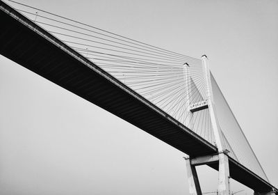 Low angle view of suspension bridge against clear sky