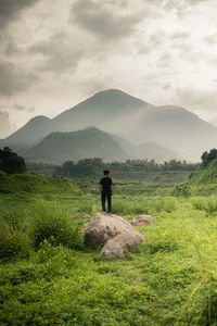 Rear view of man standing on land against sky