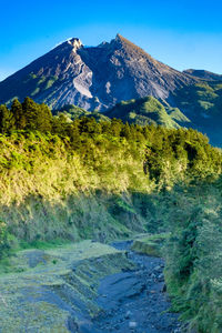 Scenic view of mountains against clear blue sky