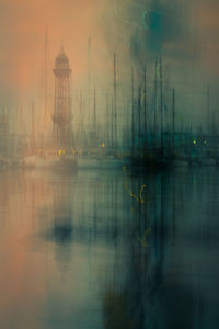 Digital composite image of sailboat in foggy weather
