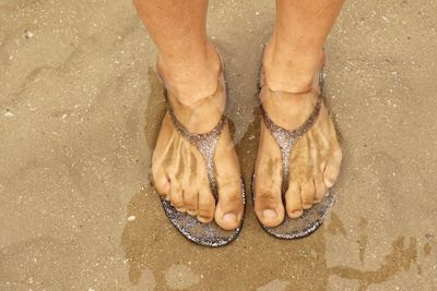 Low section of man standing on wet sand