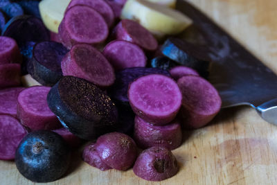 Close-up of purple candies on table