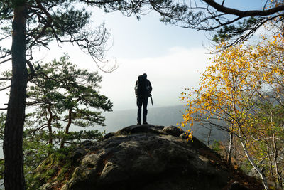 Rear view of man walking on mountain
