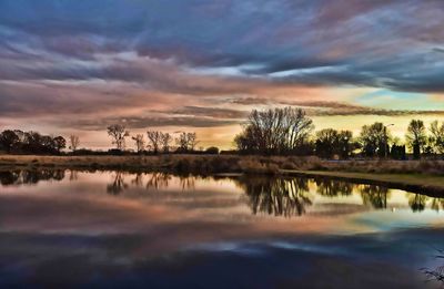 Reflection of trees in lake during sunset