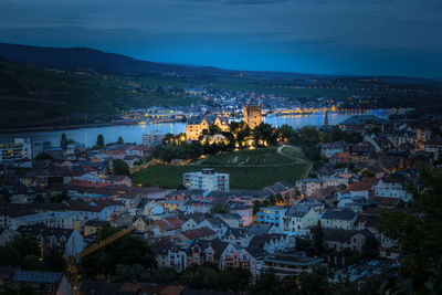 High angle view of town against sky