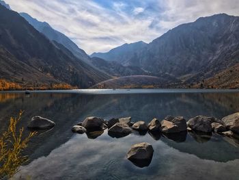 Scenic view of lake and mountains against sky