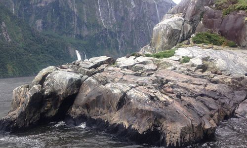 Scenic view of rock formations and sea