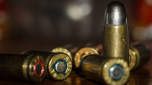 Close-up of old objects on table