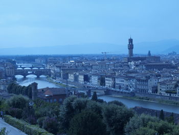 High angle view of bridge over river in city against sky