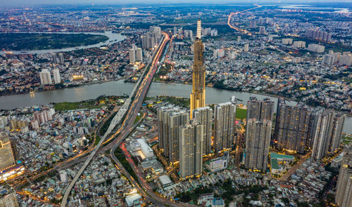 High angle view of city buildings