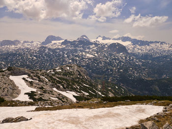 Scenic view of snowcapped mountains against sky