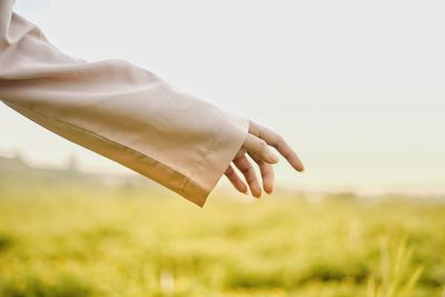 Close-up of hand holding leaf on field against sky
