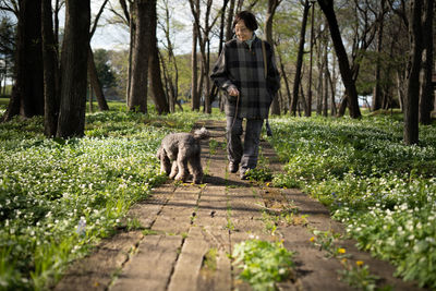 Portrait of smiling woman walking on footpath with dog amidst plant