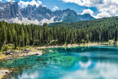 Enchanted panorama. lake of carezza. dolomites, italy