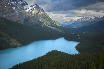 Scenic view of mountains and lake against cloudy sky