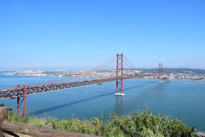 Suspension bridge over sea against blue sky