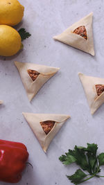 High angle view of food on table. frozen vegan fatayers.