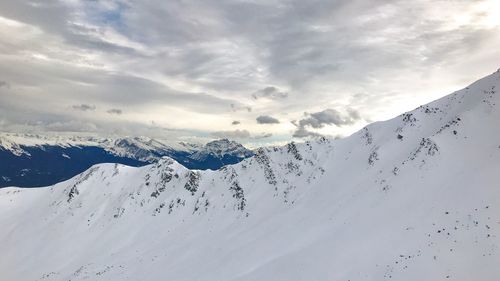 Scenic view of snow covered mountains against sky