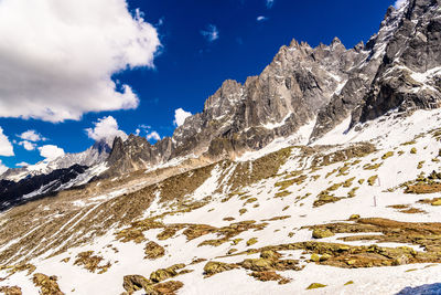 Low angle view of snowcapped mountain against sky