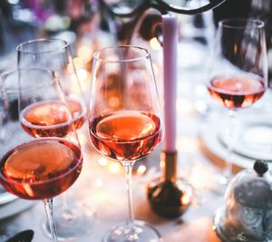 High angle view of wine in glass on table