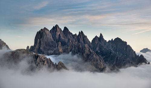 Mountain landscape  at sunset dolomite at tre cime hiking path area in south tyrol in italy.