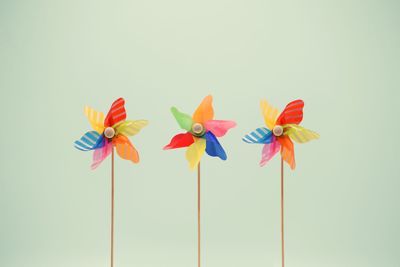 Close-up of colorful pinwheel toys against wall