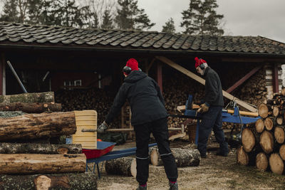 Rear view of people working on log of building